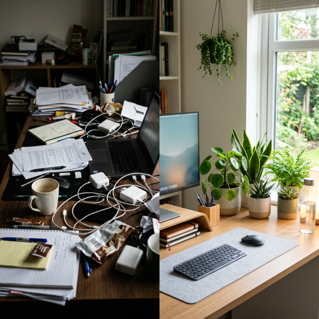 Split view of a cluttered messy desk filled with papers and electronics on the left and a clean organized desk with plants and computer on the right